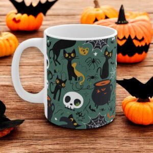 Halloween Decor Mug - Spooky Pumpkin Design - Fall Coffee Cup for Halloween Party - Cats & Cauldrons mug